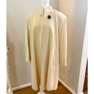 Vintage 80s Portrait Wool Swing Coat Cream Ivory Pleated Shoulder Accordion 1988